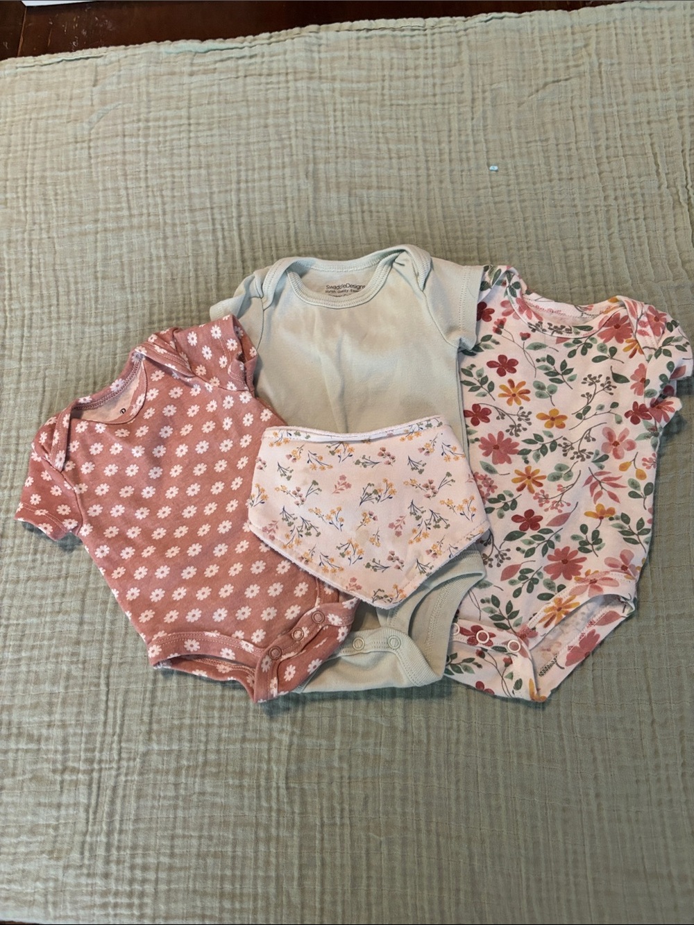 Baby Essentials Pink Daisy, Mint & Floral Bodysuit Set with Bib